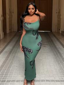 Slaydiva Elegant Metal Chain Suspender Decorated Straight Collar All-Over Dark Green Tiger Print Pattern Tight Long Dress Women's Dress-H
