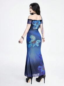 ROMWE Goth Elegant And Sexy Lady Mature Floral Print Mesh Scarf Off Shoulder Women's Dress - Blue - View 3
