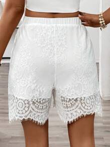 SHEIN Clasi Shorts elegantes de encaje blanco para mujer, moda de verano - Blanco - Ver 2