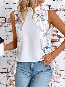 SHEIN Clasi Camisa de mujer elegante y romántica con cuello alto, bajo asimétrico, estampado floral y textura de rayas blancas en gasa, adecuada para uso diario, compras, citas y viajes. Camisa blanca, camisa floral, tops de estilo country, camisas de mujer para maestras y trabajo - Blanco - Ver 5