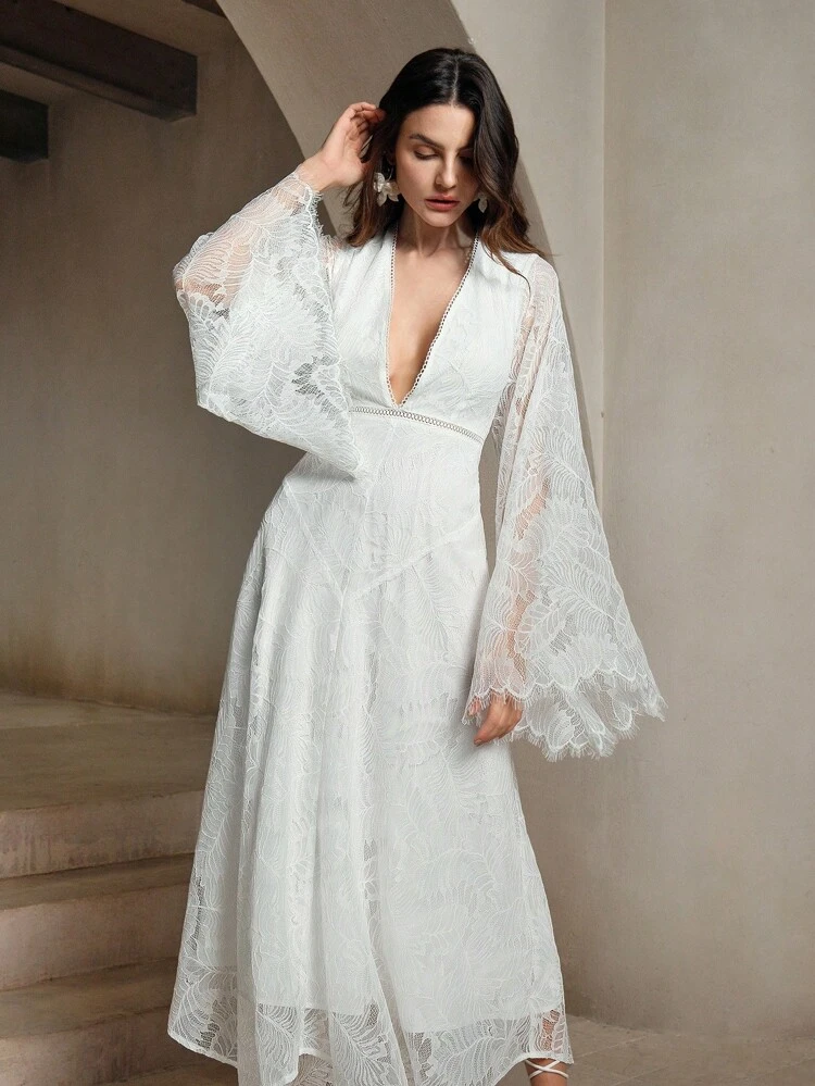 Deep V-Neck Lace Elegant Party Combo Long Sleeve Dress For Holiday Party Clothes
