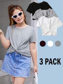 SHEIN Tween Girls Extended Size Casual Solid Color Round Neck Twist Knot Multipack Tops