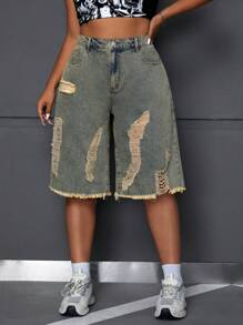 SHEIN ICON Plus Size Women's Loose Ripped Frayed Edge Five-Pocket Denim Shorts - Blue - View 1