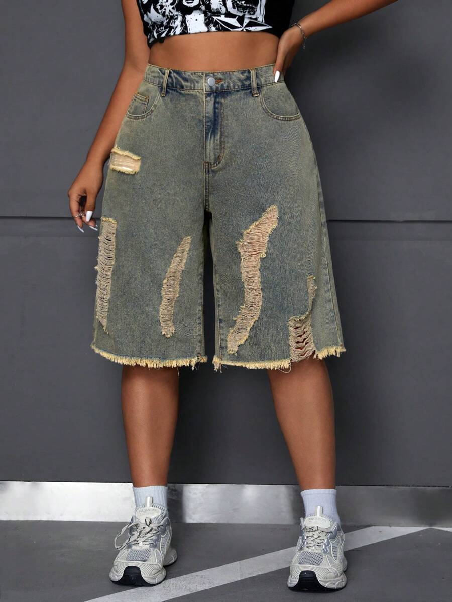 SHEIN ICON Plus Size Women's Loose Ripped Frayed Edge Five-Pocket Denim Shorts - Blue - View 1