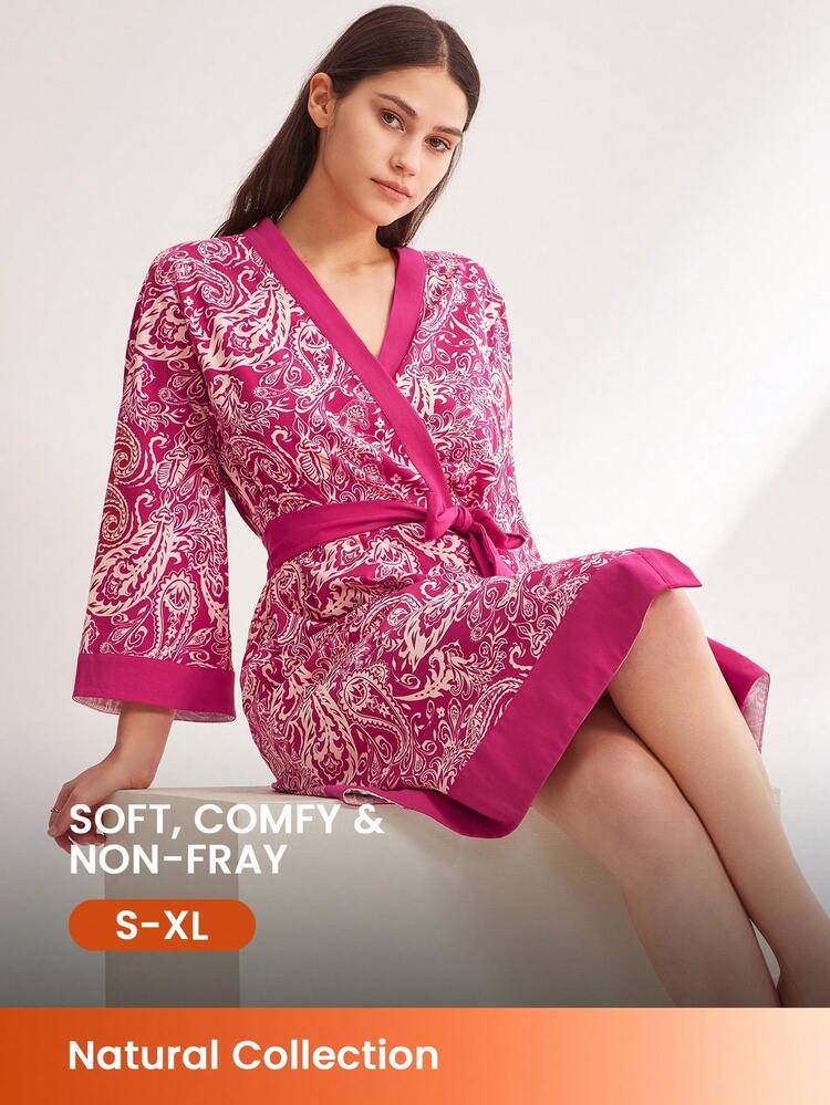 Red Paisley Print Cotton Kimono Women Robe To Tie Pajamas Bath Robe Night Gown Women Lingerie Fall Pajamas& Pyjamadressing