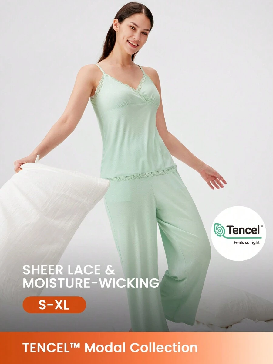 LUVLETTE Wedding Essential Sexy Lace Ribbed Modal Strappy Babydoll Top & Long Airy Women Pajama Set Lingerie As Outerwear