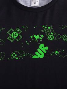 SHEIN Young Boy Night Light Video Game Pattern Casual Comfortable Short Sleeve Shorts Knitted Casual Home Sleepwear 2pcs/Set