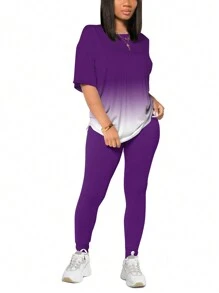 Bộ hai mảnh áo và quần ngắn tay màu gradient lỏng vừa vặn mùa hè - Màu tím - Xem 1
