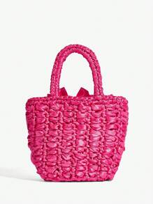 SHEIN ICON DAMEN, DAMEN HENKELTASCHE, GEFLOCHTENE TASCHE, FÜR DATE, GEBURTSTAG, DATE NIGHT, PARTY, LUSTIG, PREPPY, SÜSS, Y2K, Modisch, Personalisiert, Süß und Cool Hot Girl, Fliege, Knallpink, Handgehäkelt, Teenager - Heißes Pink - Übersicht 4