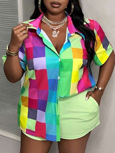 Slaydiva Plus Elegant Commuter Loose Short Sleeve Two Pieces Shirt Outfit With Water Ripple Prints For Women's Plus Size