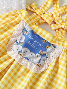 Baby Girl Plaid Printed Dress With Bowknot Decoration And Suspender Skirt Set