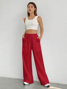 SHEIN EZwear Women's Simple Solid Color Woven Casual Pants For Daily Wear - Red - View 4