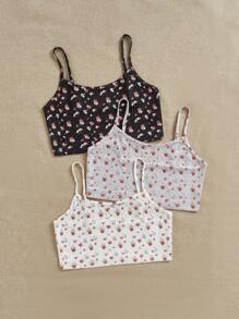 Shein Underwear&Sleepwear Basics Conjunto de pijama de 3 piezas para mujer con top de camisola con estampado floral pequeño