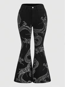 ROMWE Grunge Punk 大码全印花喇叭腿休闲牛仔裤，学校 - 黑色 - 查看 1