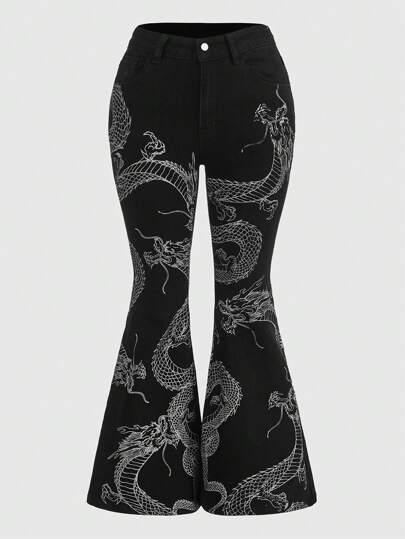 Grunge Punk Plus Size Full-Print Flared Leg Casual Denim Pants, School