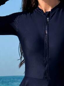 Swim Mulvari Ladies' Summer Beach Solid Color Simple Daily One-Piece Swimsuit BurkiniArabic Clothing - Blue - View 4