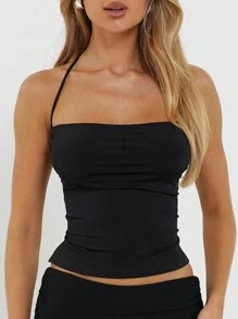 Top sin espalda de estilo casual de calle para mujer con detalle de lazo, negro, para verano - Negro - Ver 1