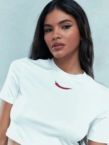 MISSGUIDED Jersey Fitted Crop Top With Chilli Embroidery - White - View 4