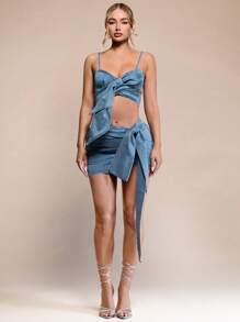 SHEIN BAE 女士藍色蝴蝶結細節牛仔短裙&牛仔裙&女裙&夏季裝 - 藍色 - 查看 5