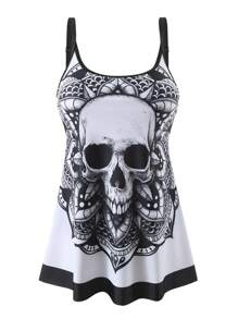 Swim EVENT Plus Size Women Gothic Printed Tankini Swimsuit,Summer Beach - Black and White - View 6