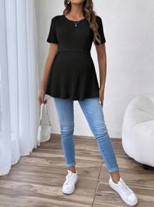 SHEIN 優雅浪漫的性別揭曉派對圓領短袖孕婦T恤 - 黑色 - 查看 5