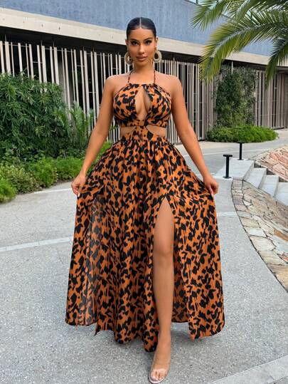 SHEIN SXY 太阳裙；海滩；女式夏季全身印花露背连衣裙，侧开衩，露背，性感风格