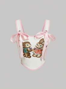 SHEIN MOD White Vintage Corset Top With Two Rabbit Print, Contrasting Pink Bow And Edging,Wedding,Western Top - White - View 1