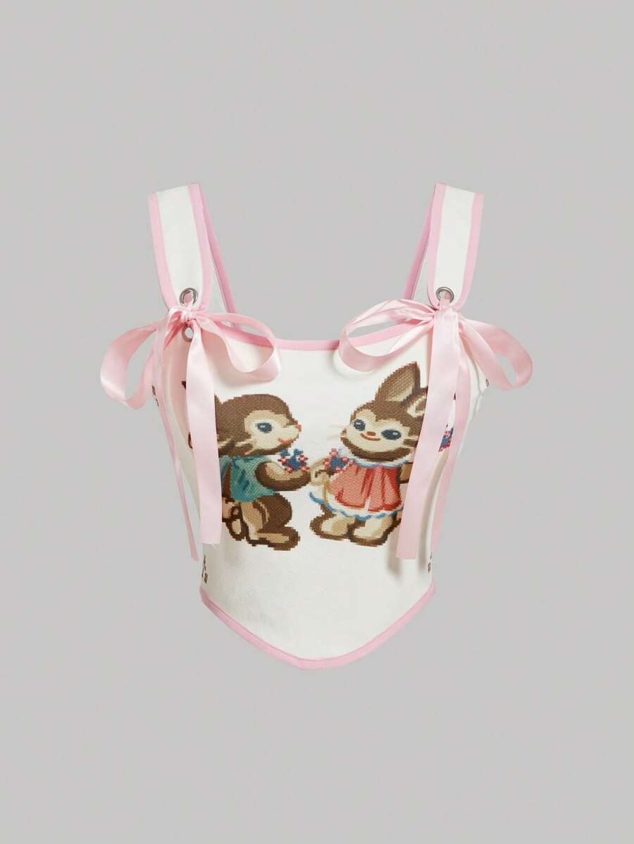 SHEIN MOD White Vintage Corset Top With Two Rabbit Print, Contrasting Pink Bow And Edging,Wedding,Western Top - White - View 1