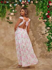 Joyfunear Maternity Vacation Casual Backless Long Floral Dress With Ruffle Hem And Tie-Up Details