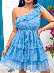 Flirla Große Größen Kleid aus strukturiertem Stoff mit einem Schulterausschnitt und Rüschenbesatz, Sommer - Blau - Übersicht 1