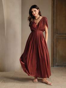 Anewsta Classic & Romantic Women's V-Neck Pleated Waist Dress With Linen Fabric Maxi Women Outfit