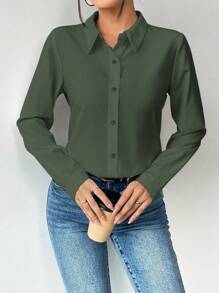 Selianne Ladies' Solid Color Simple Daily Long Sleeve Shirt,Long Sleeve Tops Fall Cloth For Women - Olive Green - View 4