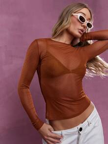 MISSGUIDED Sheer Mesh Long Sleeve Top - Brown - View 3