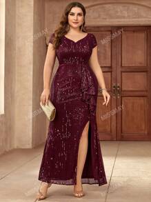 Vestido de fiesta largo con escote de corazón, todo forrado de lentejuelas, con volantes y abertura, vestido de invitada de boda, vestido de noche formal
