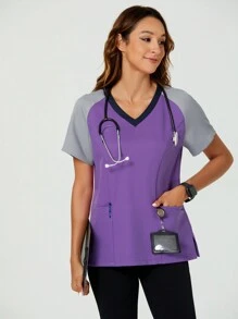 TaskEZ Women's Nurse Uniform Frosted Summer Contrast Color Raglan Uniform Scrub Top 2 Pockets - Multicolor - View 9