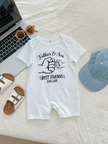 SHEIN 父親節嬰兒男女家庭裝，字母印花柔軟針織短袖連身衣