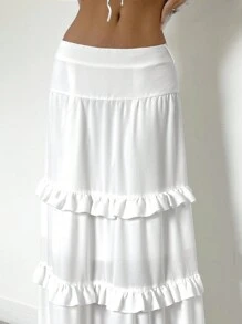 SHEIN Essnce Women's Spring/Summer Fashion Layered Ruffle Hem White Skirt - White - View 5