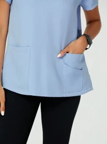 TaskEZ Shein Essnce Women Nurse Uniform Scrubs Summer Short Sleeve V-Neck Nursing Scrubs Top With 3 Pockets - Blue - View 6