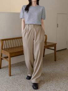 DAZY Solid Color Crew Neck Short Sleeve Knit Top,Fall Clothes - Grey - View 2