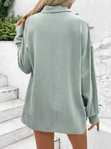 SHEIN Frenchy Áo sơ mi nữ công sở màu xanh lá cây, chất liệu vải lanh, kiểu dáng cổ điển, màu trơn, tay dài, thích hợp mặc mùa đông. - Nhiều màu - Xem 2