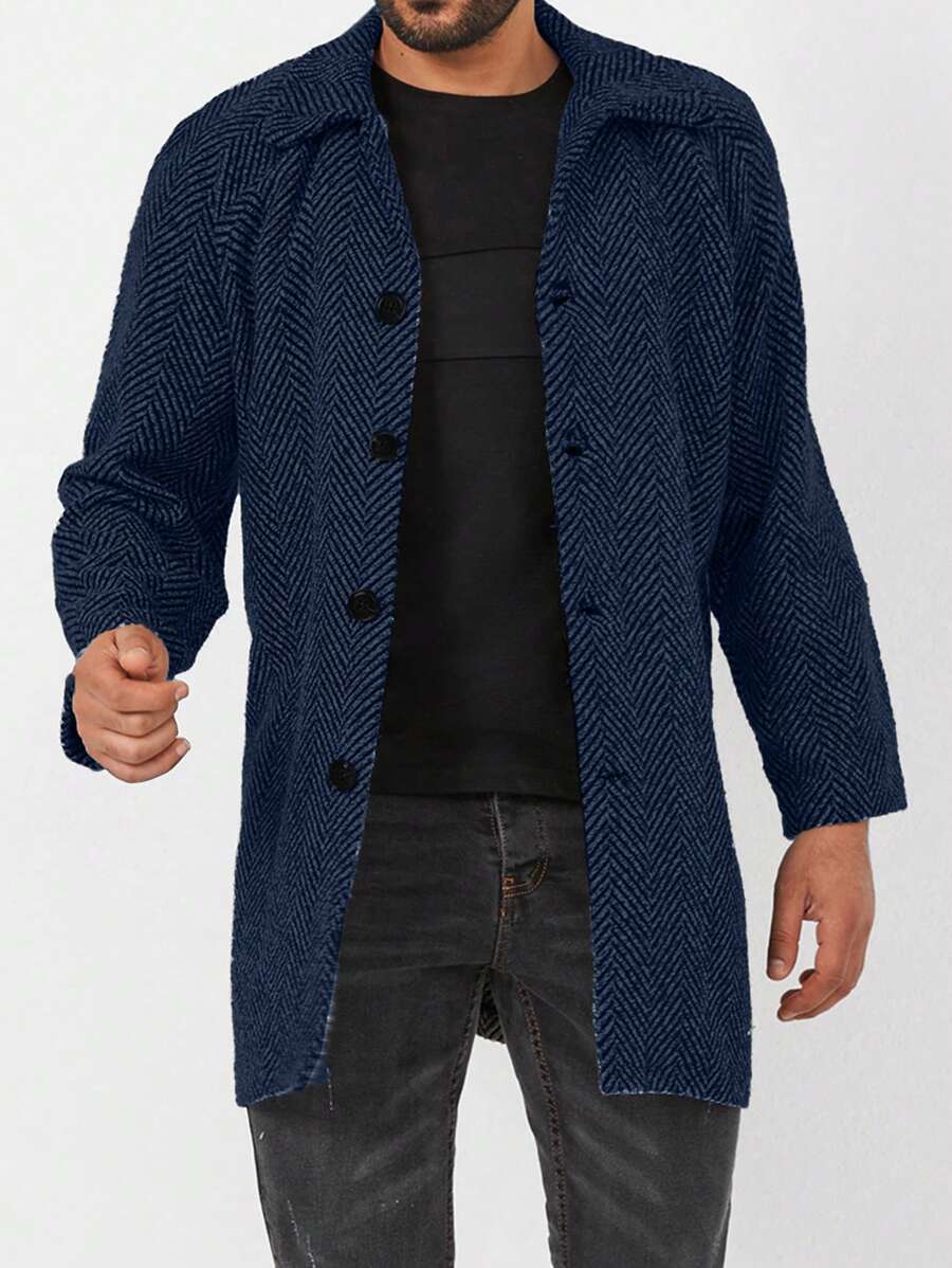 SHEIN Cottnline Men's Herringbone Overcoat - Royal Blue - View 1