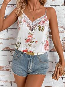 SHEIN Clasi Summer White Base Pink Floral Collar Lace Splicing Bodysuit Floral Bodysuit Country Concert Outfit Women Vintage Clothes Beach Women Outfits Summer Women Bodysuit  Casual Women Bodysuit