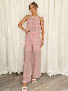 SHEIN Essnce 女性粗紋套裝，包括荷葉邊背心和長褲兩件套，粉色，夏季休閒舊錢裝嬰娃洋裝 - 粉色 - 查看 6