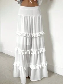 SHEIN Essnce Women's Spring/Summer Fashion Layered Ruffle Hem White Skirt - White - View 6