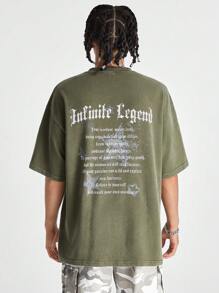 Manfinity VCAY Camiseta de manga corta de punto holgado con estampado lavado con ácido y diseño en inglés, adecuada para el estilo callejero estadounidense, verano - Negro - Ver 1