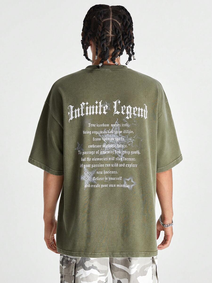 Manfinity VCAY Camiseta de manga corta de punto holgado con estampado lavado con ácido y diseño en inglés, adecuada para el estilo callejero estadounidense, verano - Negro - Ver 1
