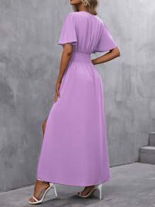 SHEIN Clasi 女士夏季純色重疊V領褶皺短袖腰部打褶側開叉長裙優雅連衣裙 - 淡紫色 - 查看 2