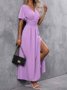 SHEIN Clasi 女士夏季純色重疊V領褶皺短袖腰部打褶側開叉長裙優雅連衣裙 - 淡紫色 - 查看 3