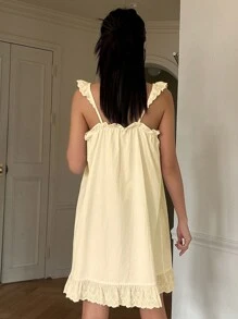 DAZY Cute Embroidered Lace Strap Nightdress, Moo Moo Pajama - Yellow - View 2