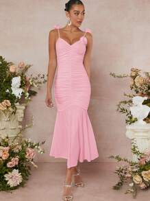 L'Amorae 3D Rosette Ruched Ruffle Hem Dress - Pink - View 1